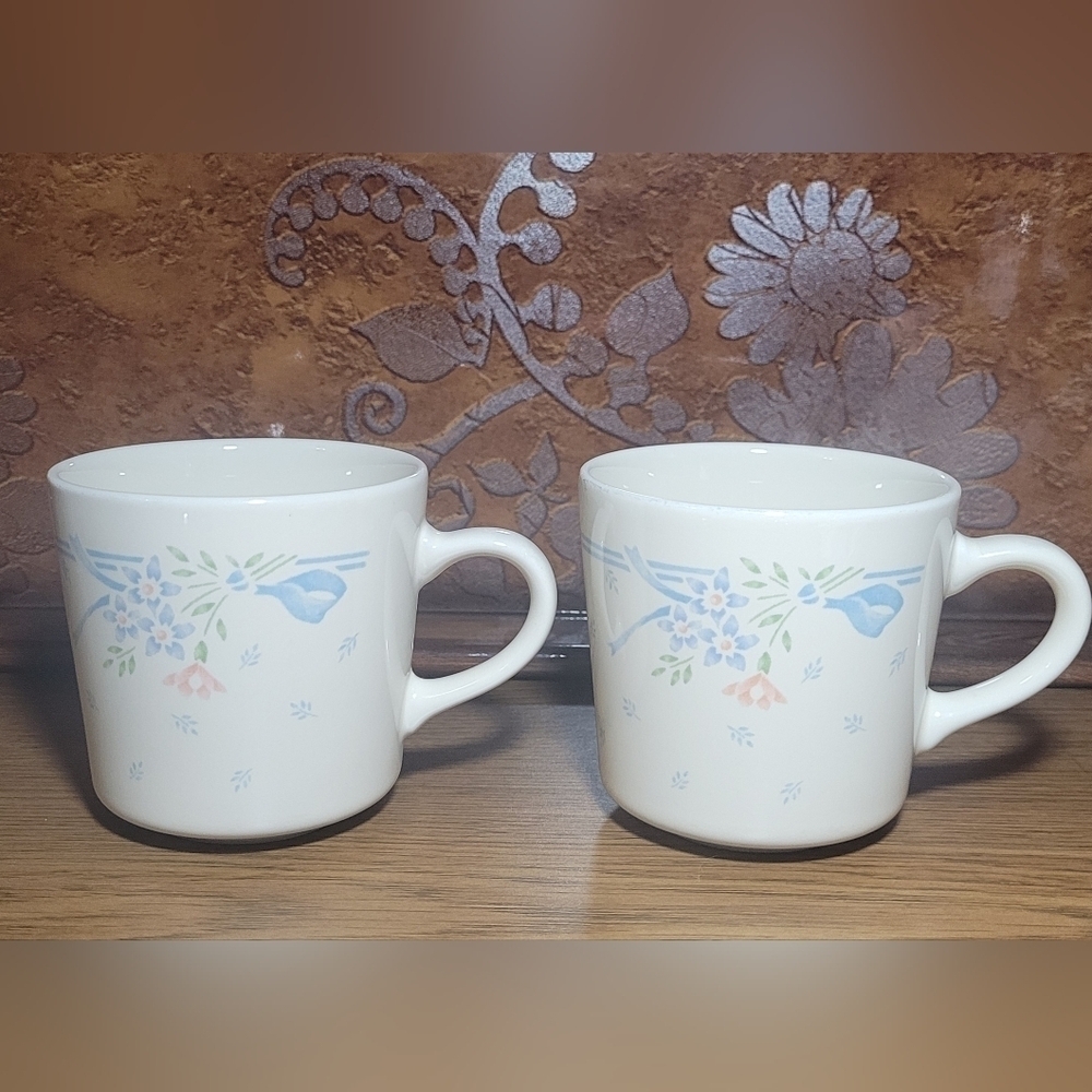 Corning Symphony Coffee Mug Cup Set/2 Blue On Beige Vintage 90s Pattern Corelle